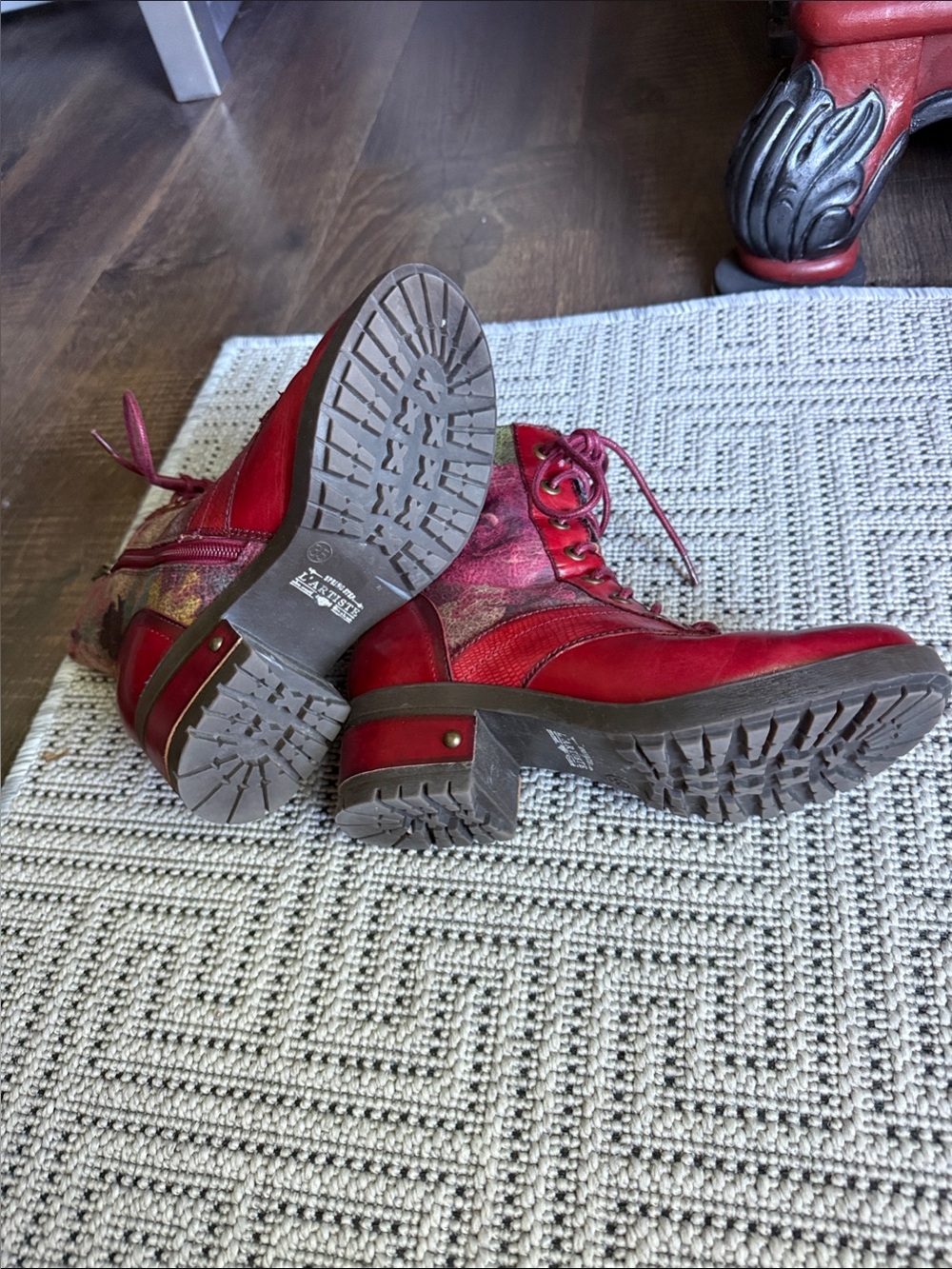 Women's Red Lace-Up Mixed-Material Ankle Boots - Picture 2 of 7